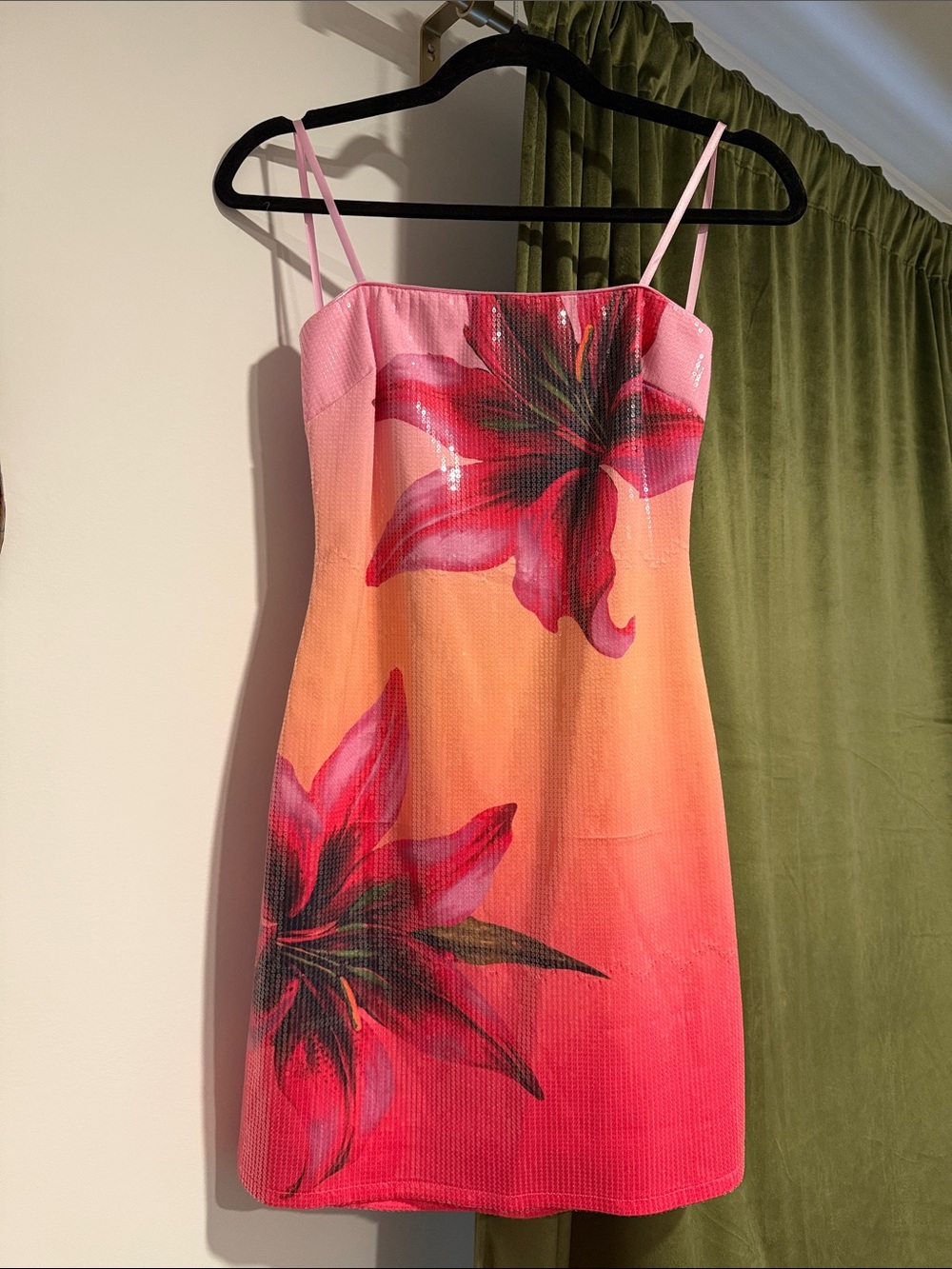 Pink Ombre Floral Mini Sequin Strapless Dress